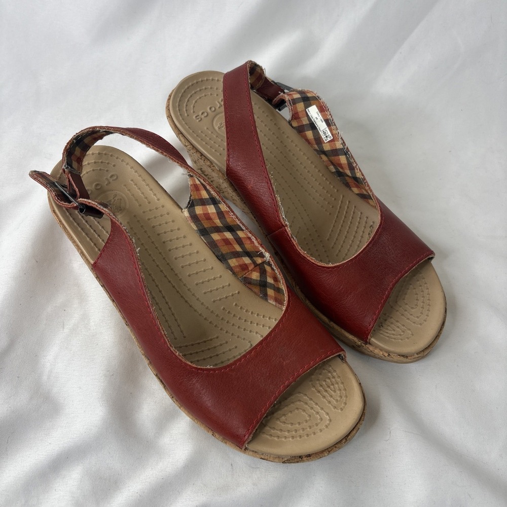 CROCS A-Leigh Leather Cork Wedge Slingback Sandals Size 8 Orange/Red Boho Shoes - Picture 7 of 7